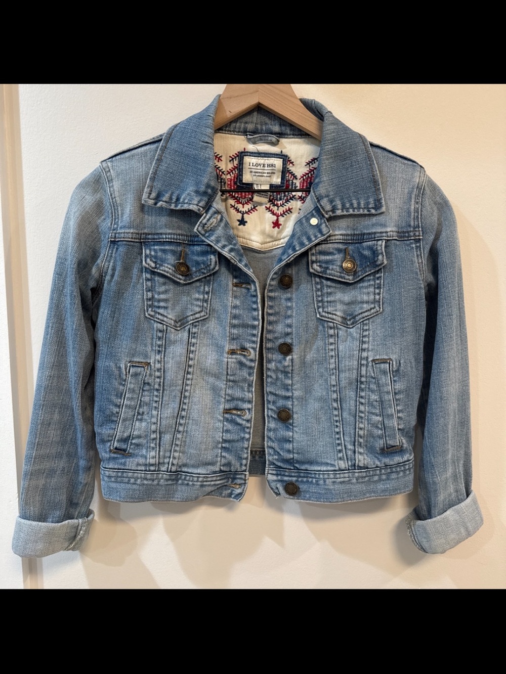 Forever 21 Light Blue Denim Cropped Jacket with Embroidered Lining